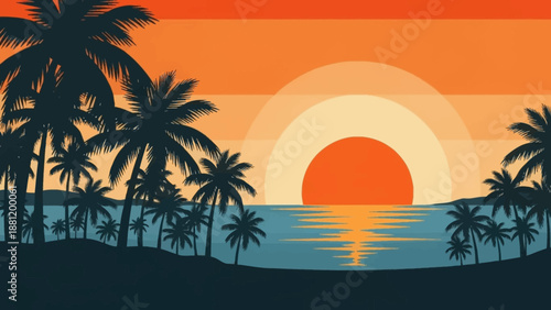 Tropical beach sunset with palm trees and calm ocean waters.