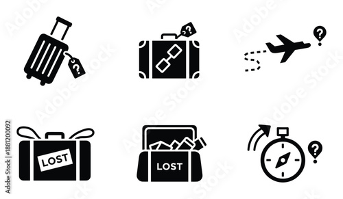 Lost baggage icons set concept for travelers and tourists in glyph style one hundred characters