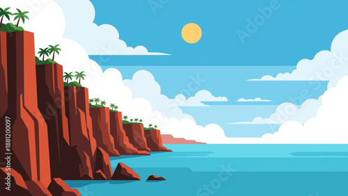 Tropical cliffside landscape with palm trees and ocean.