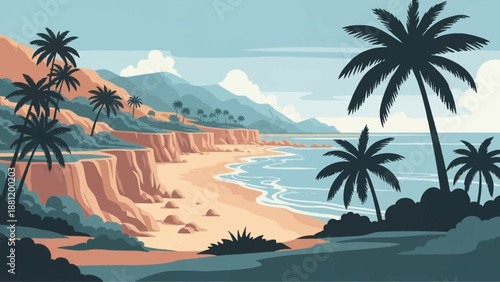 Tropical beach landscape with palm trees and cliffs by the ocean.