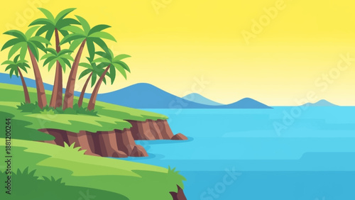 Tropical island landscape with palm trees and ocean view.