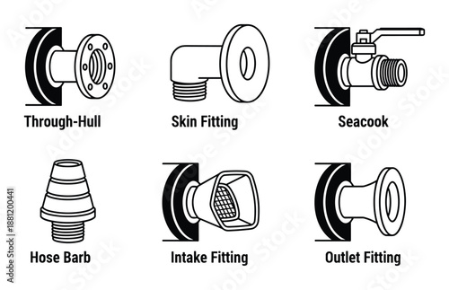 Marine through hull fittings and seacock for boat isolated line art vector illustration
