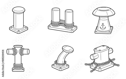 Mooring bollard harbor post rope around for tying vessels vector nautical marine equipment sketch