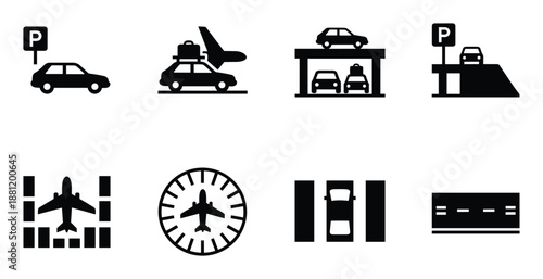 Parking and airport sign vector icon set isolated one hundred characters for creative professional use