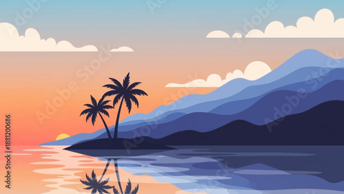 Tropical island landscape at sunset with palm trees and calm waters.