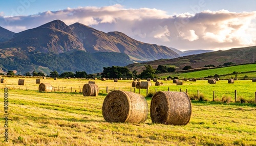 Scenic countryside landscape featuring hay bales, rolling hills, and majestic mountains under a cloudy sky.