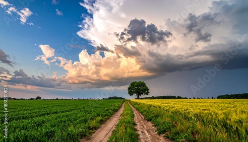 Scenic countryside landscape with a dirt road leading towards a lone tree under a dramatic sky.