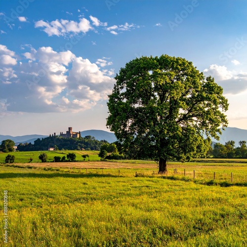 Scenic countryside landscape with a large tree, fields, and a distant castle under a blue sky.