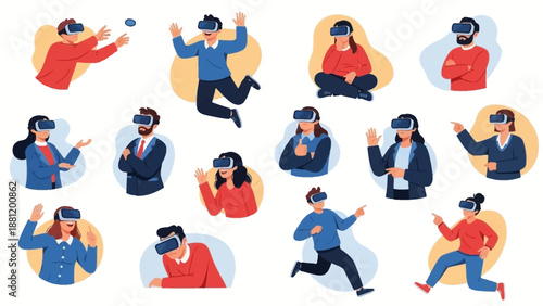 People wearing virtual reality headsets in various dynamic poses.