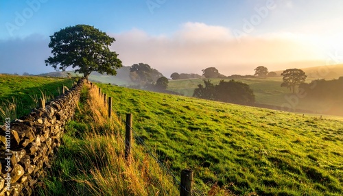 Scenic countryside landscape with a stone wall, trees, and a beautiful sunrise over the green fields.