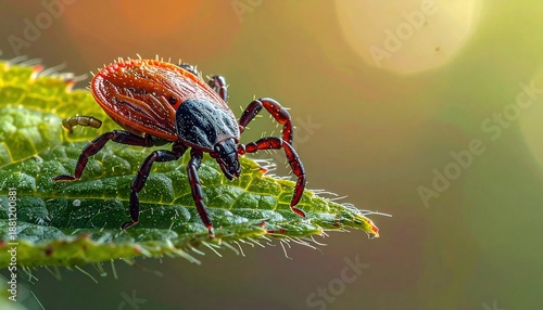 Macro shot of a tick on a green leaf, showcasing detail against a blurred, golden background