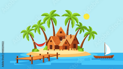 Tropical Island Getaway with Palm Trees and Wooden Hut.