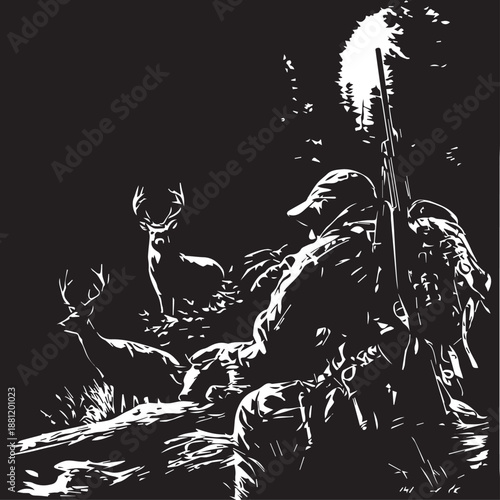 Hunter and Deer Silhouette: A detailed silhouette art, of a hunter poised in a forest, his rifle at the ready. Two majestic deer stand in the background.