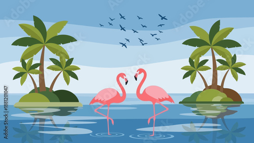 Two pink flamingos standing in water between tropical islands.