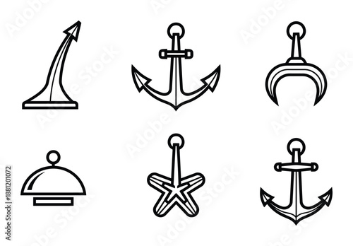 Set of different shapes of anchor for cargo industrial use outline concept various design vector object