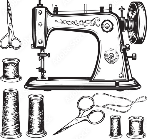 Crafting Elegance: A meticulously detailed illustration captures the essence of a vintage sewing machine, accompanied by essential tools of the trade, scissors and thread spools.