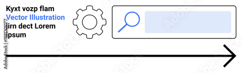 Business workflow, technology integration, searching process, navigation tools, website interfaces, optimization methods. Gear icon and search bar with magnifying glass. Business workflow