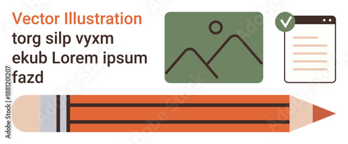Graphic design, content creation, learning tools, document review, writing, creativity. Includes a pencil, a green picture placeholder and a checklist icon. Graphic design and content creation