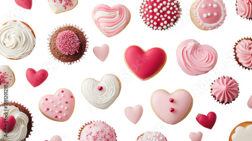 Valentine's day cupcakes and heart cookies on transparent background