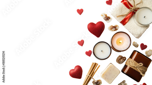 Romantic valentine's day setup with candles and hearts on transparent background