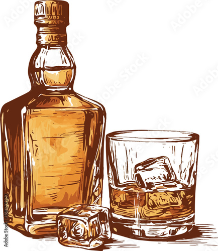 Golden Elixir: A bottle and a glass of amber-colored whiskey with ice cubes, artfully composed, creating a sense of luxury and classic taste.