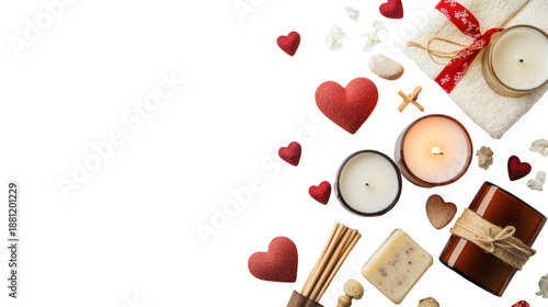 Romantic valentine's day candles and hearts on transparent background