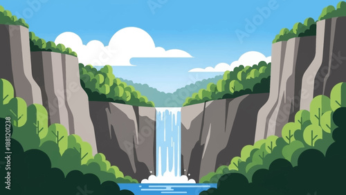 A serene digital illustration of a waterfall cascading into a tranquil pool surrounded by lush greenery and rocky cliffs.