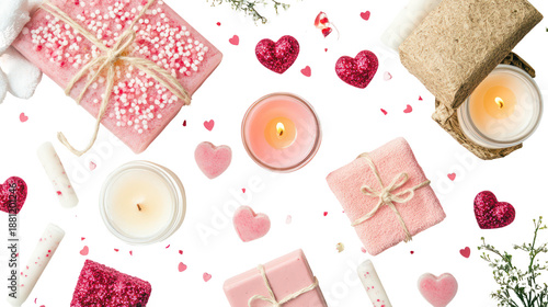 Romantic valentine's day gifts, candles, hearts on transparent background