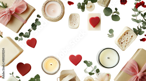 Romantic valentine's day gifts, candles, hearts on transparent background