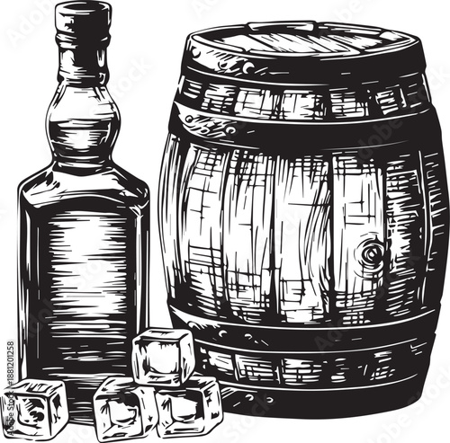Timeless Spirits: A detailed illustration of a bottle and barrel, alongside ice cubes, evokes the essence of classic indulgence and craftsmanship.