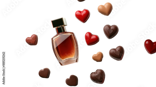 Romantic valentine's perfume bottle with hearts on transparent background
