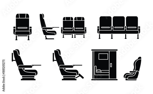 Set of passenger chair on train or airplane vector isolated on transparent background in silhouette style