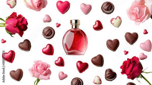 Romantic valentine's day perfume bottle with hearts and roses on transparent background