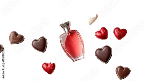 Romantic valentine's day gift perfume bottle with hearts on transparent background