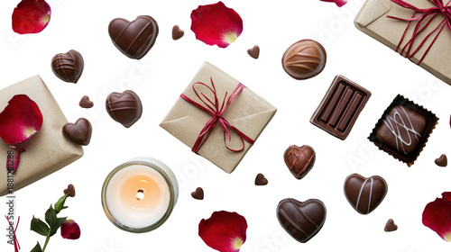 Romantic valentine's day gifts with chocolate hearts on transparent background