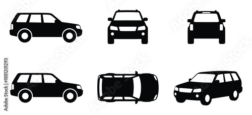 Set of silhouette suv car side front bottom and perspective view vector illustration