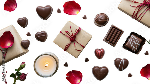 Romantic valentine's day gifts, chocolate hearts, isolated on transparent background