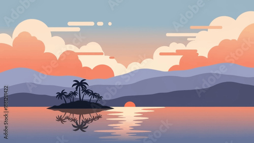 Serene tropical island landscape with calm waters and vibrant sunset.