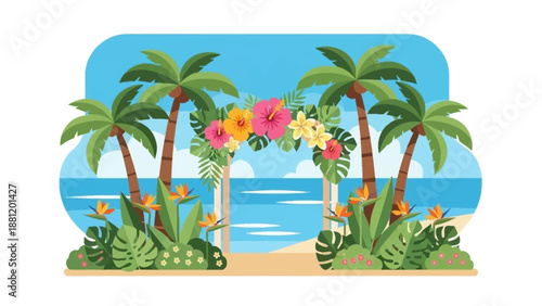 Tropical beach scene with palm trees and floral archway.