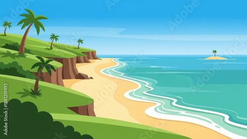 Tropical beach landscape with palm trees and sandy shoreline.