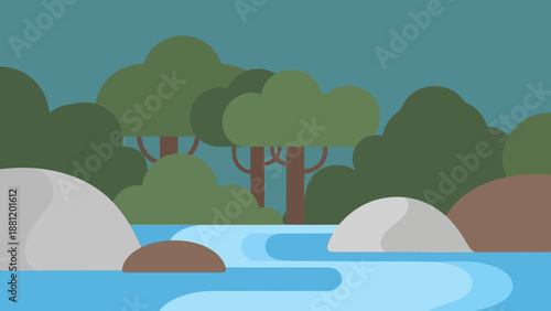 Serene river landscape with trees and rocks illustration.