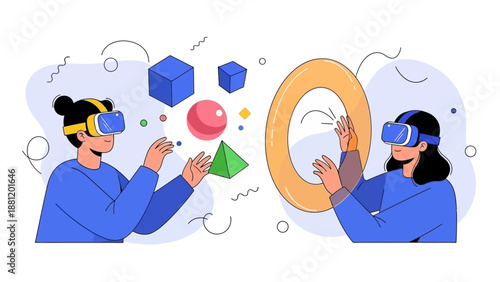 Two people interacting with virtual reality technology and 3D objects.