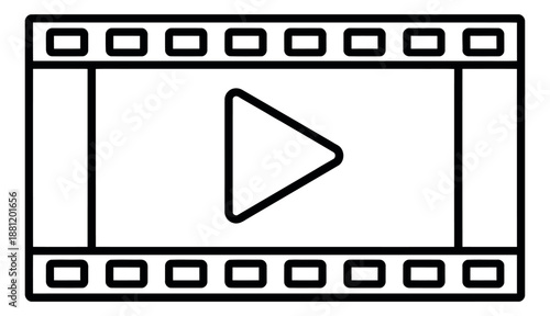 Line art illustration of a film strip with a play button icon depicting video content for entertainment and media