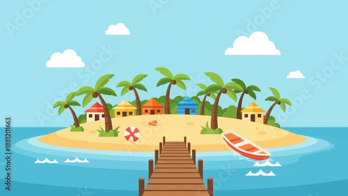 Tropical Island with Palm Trees and Wooden Pier.