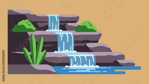 Serene Waterfall Cascading Down Rocky Terrain into a Tranquil Pool.