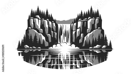 Serene black and white landscape with rocky cliffs and trees.