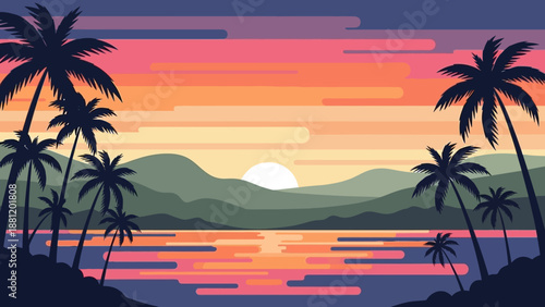 Tropical island sunset with palm trees and calm waters.