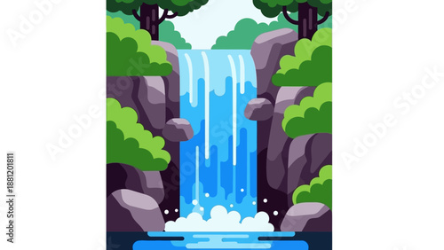 A cartoon illustration of a waterfall in a lush green forest.