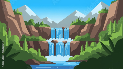 Serene Waterfall Landscape with Mountains and Greenery.