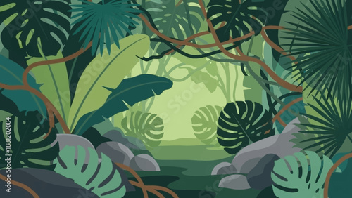 Lush green tropical forest with dense foliage and rocks.